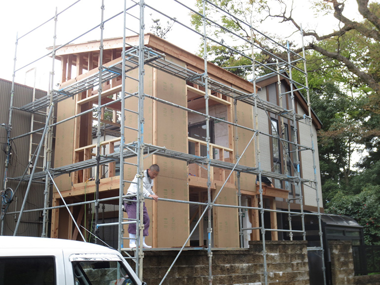 富山市 増築部の補強 構造金物と耐力壁面材の施工写真