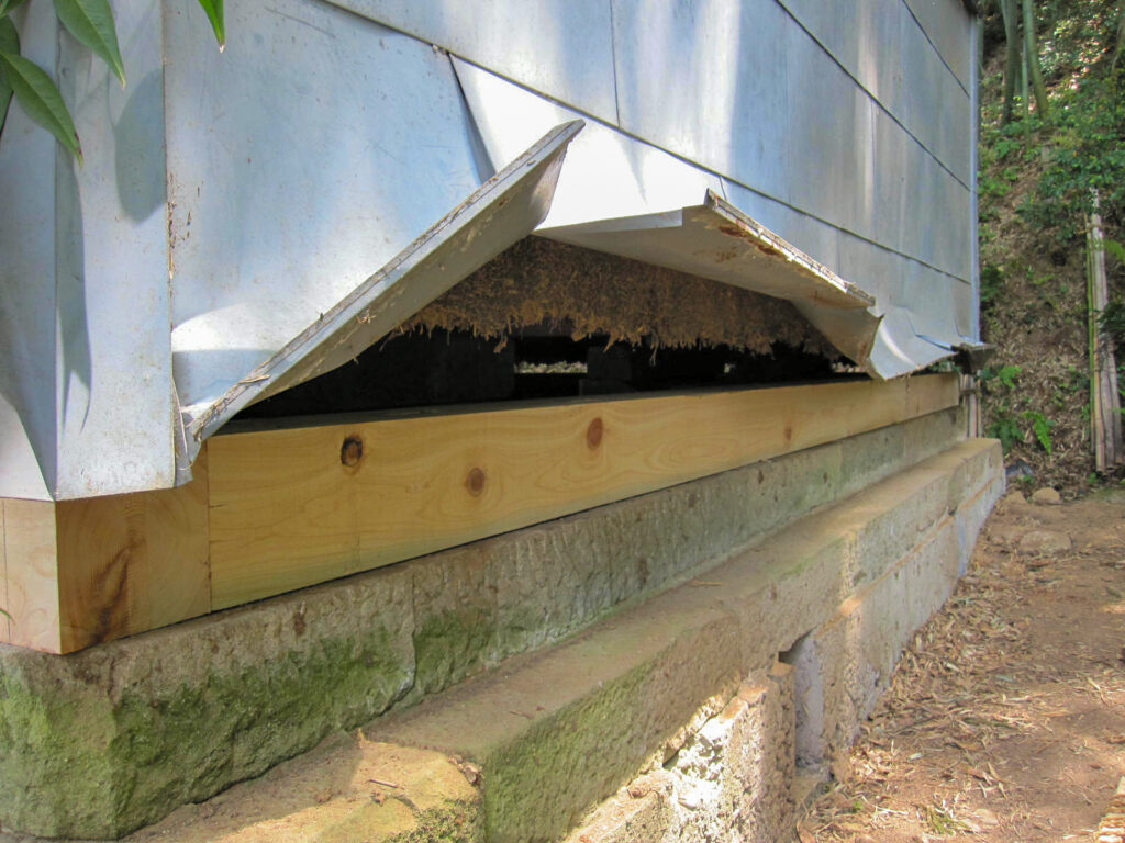 腐食した古い材を撤去し、新しく頑丈なひのき材に交換された土蔵の土台。